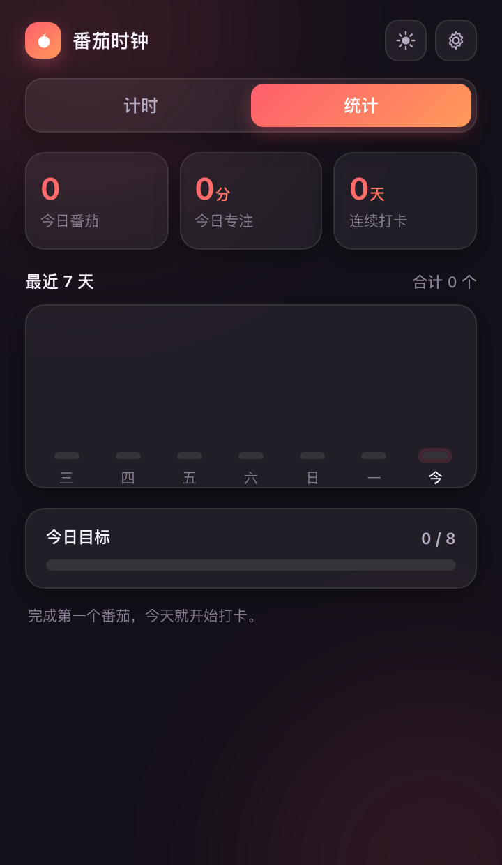 统计页：今日番茄、专注分钟、连续打卡与 7 天柱状图